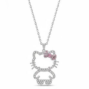 Sanrio Hello Kitty Rhinestone Outline Pendant Necklace Silver Tone Y2K Kawaii